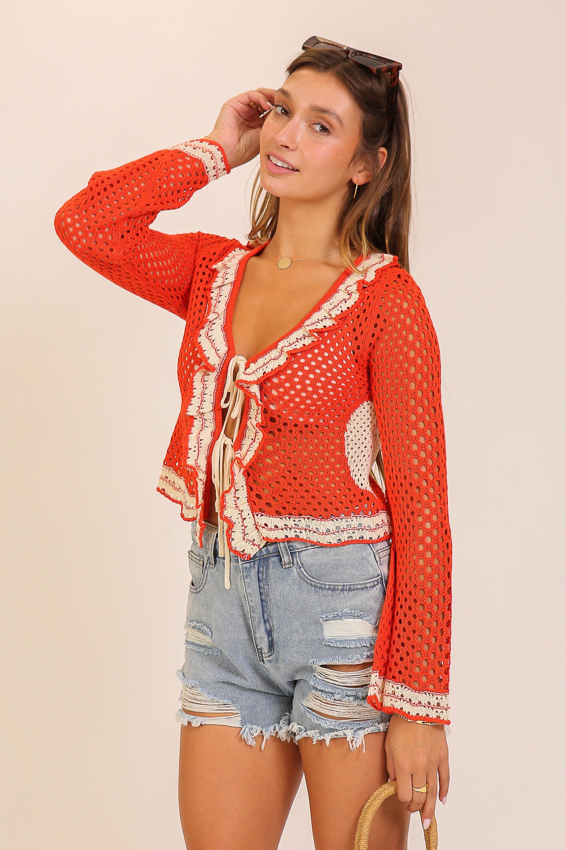 CROCHET TIE-FRONT CARDIGAN TOP