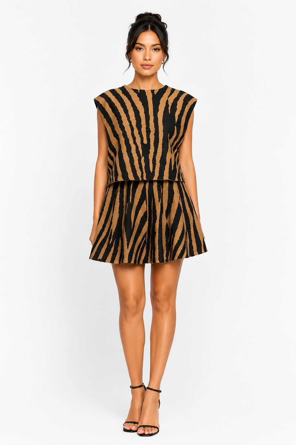 Camel Zebra Print Structured Crop and Skirt Set