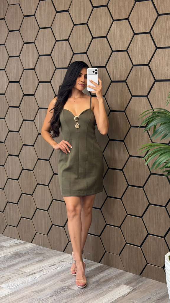 Olive Structured Gold-Ring Mini Dress