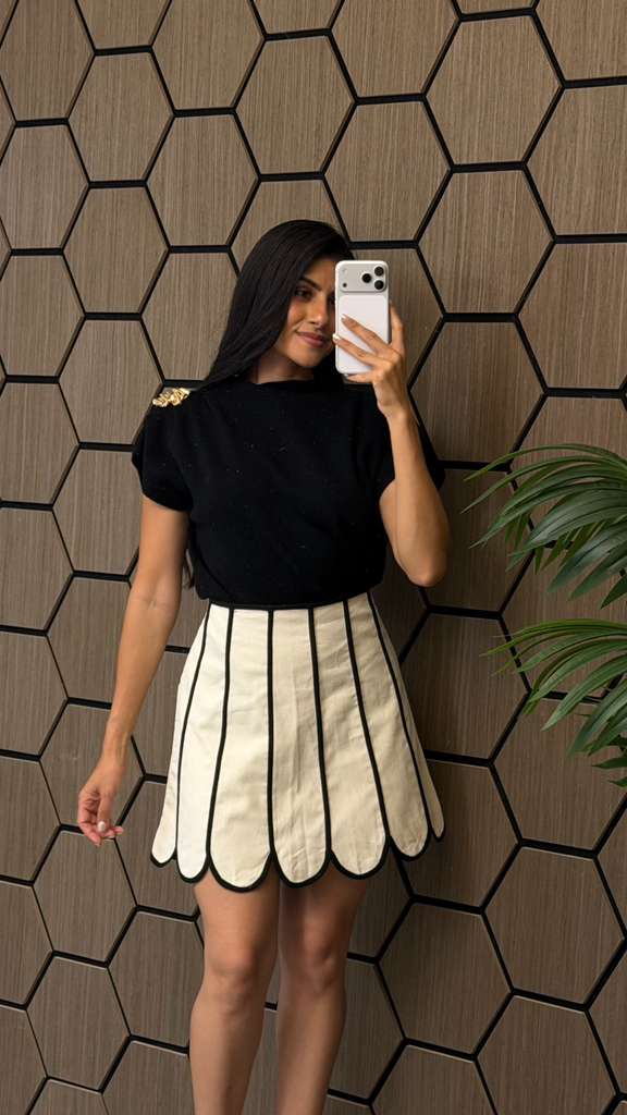 Ivory Contrast-Piped Scalloped Mini Skirt