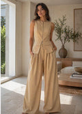 Khaki Zip-Front Peplum Vest and Wide-Leg Set