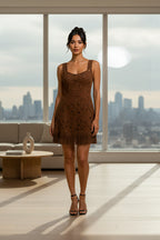 Brown Faux Suede Laser-Cut Fringe Mini Dress