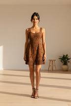 Brown Faux Suede Laser-Cut Fringe Mini Dress