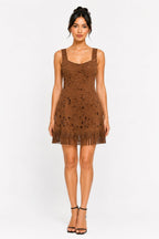 Brown Faux Suede Laser-Cut Fringe Mini Dress