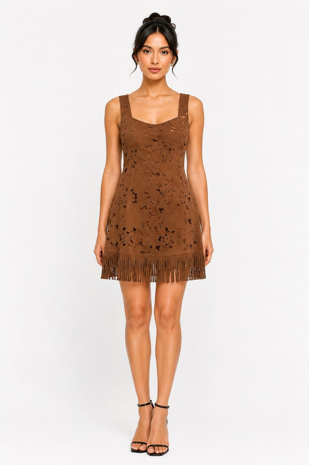 Brown Faux Suede Laser-Cut Fringe Mini Dress