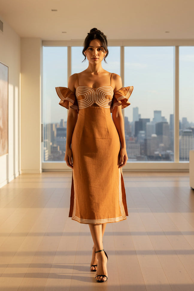 A woman modeling a rust-orange midi dress with a cream geometric spiral pattern on the bodice and sleeve cuffs, styled with black strappy high-heeled sandals against a plain white studio background.
